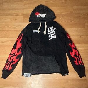 PLAYBENCHI distressed red Hoodie with Red Flame Sleeves and rope strings